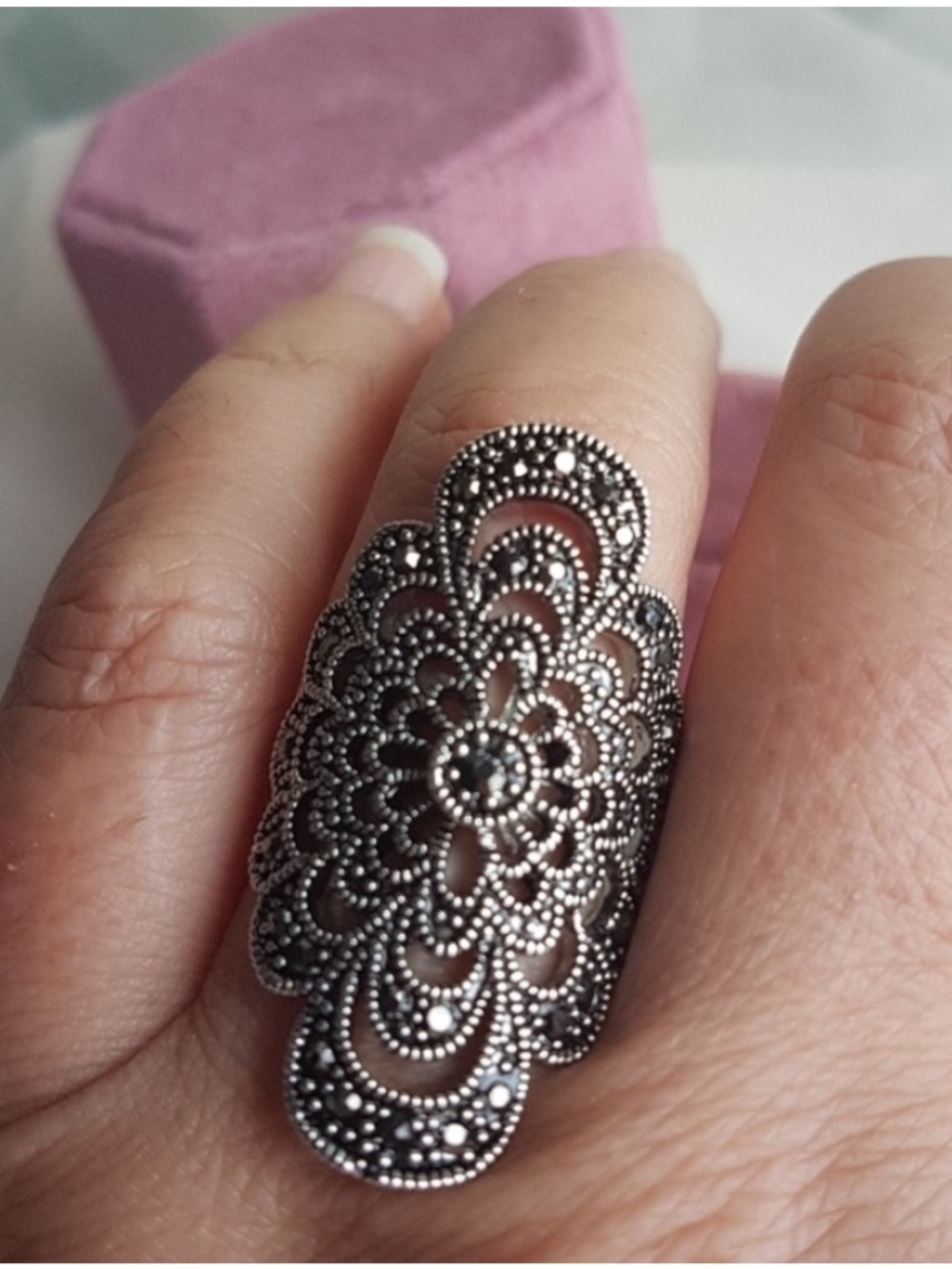 Swarovski Elements Black Crystal Marcasite Pave Vintage-look Filigree Ring NEW